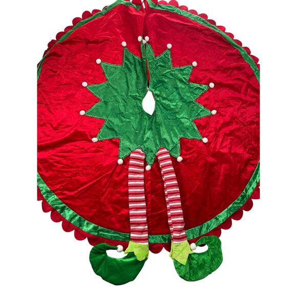Elf Themed 3D Christmas Tree Skirt Legs Red Green Velour Velvet 56x62 - Picture 1 of 13